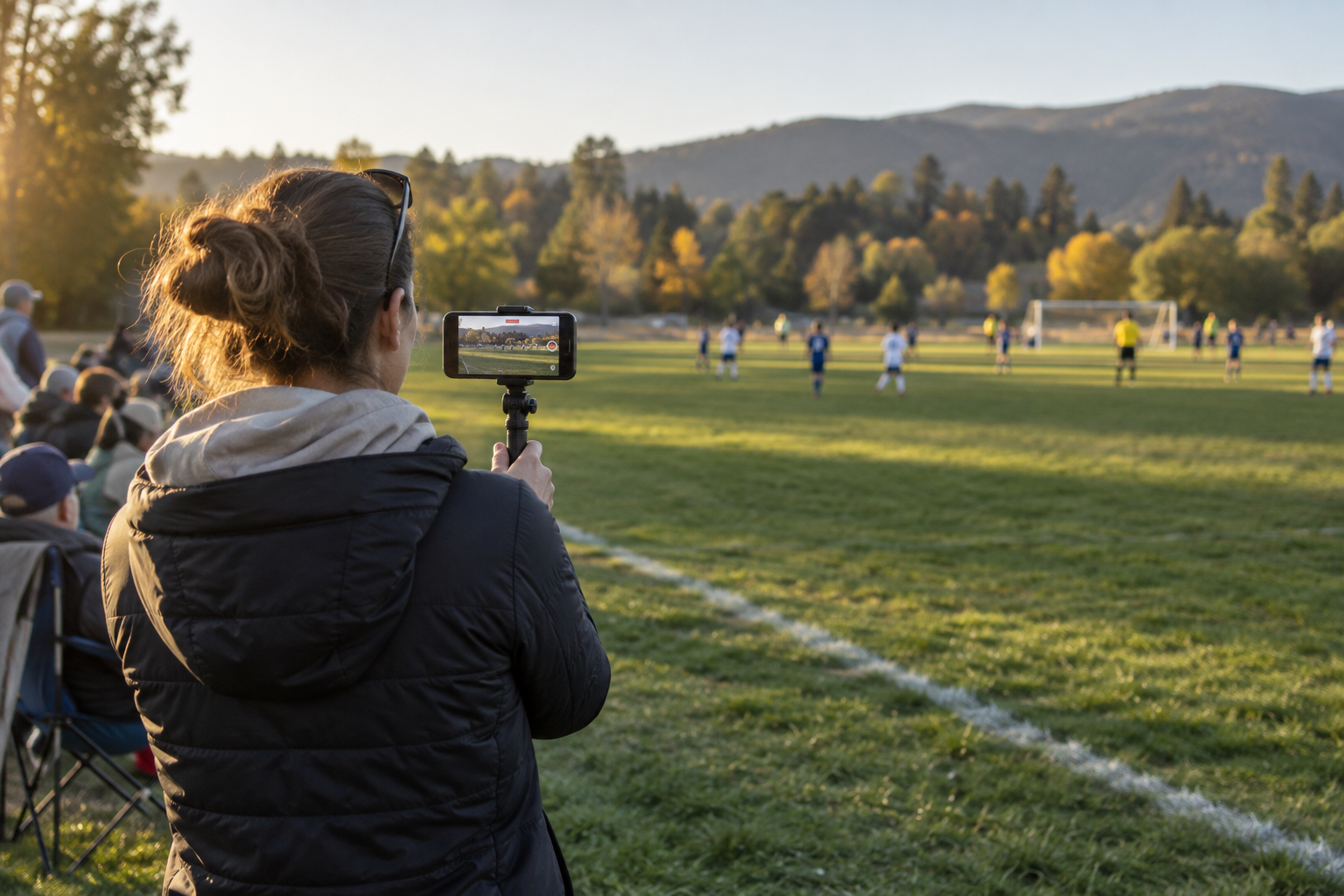 サッカーの試合をスマートフォンで撮影する保護者